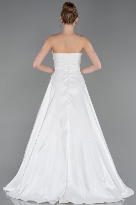 Standesamtkleid Lang Perlenbesetzt Weiß ABU6125