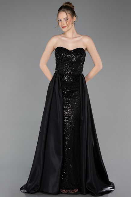 Standesamtkleid Lang Perlenbesetzt Schwarz ABU6125