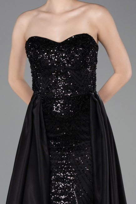 Standesamtkleid Lang Perlenbesetzt Schwarz ABU6125