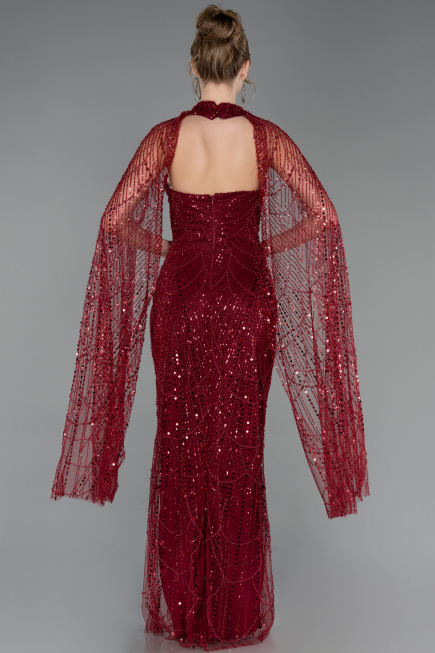 Abendkleid Lang Perlenbesetzt Weinrot ABU6154