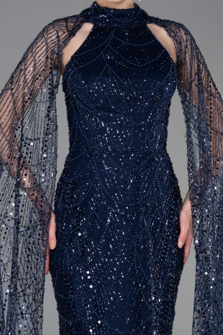Abendkleid Lang Perlenbesetzt Marineblau ABU6154
