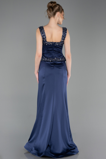 Abendkleid im Meerjungfrau-Stil Lang Satin Marineblau ABU6155