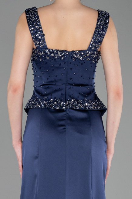 Abendkleid im Meerjungfrau-Stil Lang Satin Marineblau ABU6155