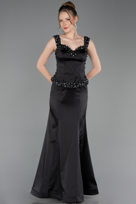 Abendkleid im Meerjungfrau-Stil Lang Satin Schwarz ABU6155