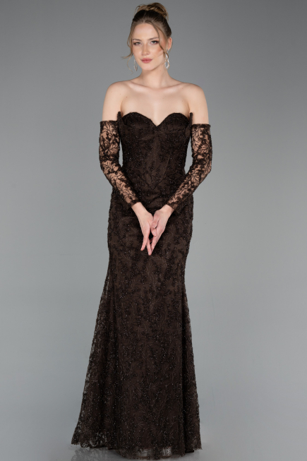 Abendkleid Lang Guipure Spitze Braun ABU6159