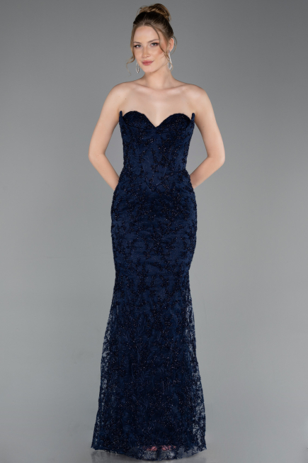 Abendkleid Lang Guipure Spitze Marineblau ABU6159