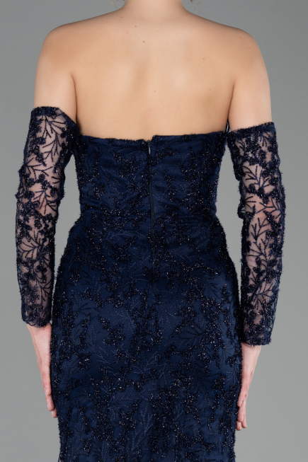 Abendkleid Lang Guipure Spitze Marineblau ABU6159