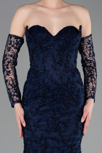 Abendkleid Lang Guipure Spitze Marineblau ABU6159