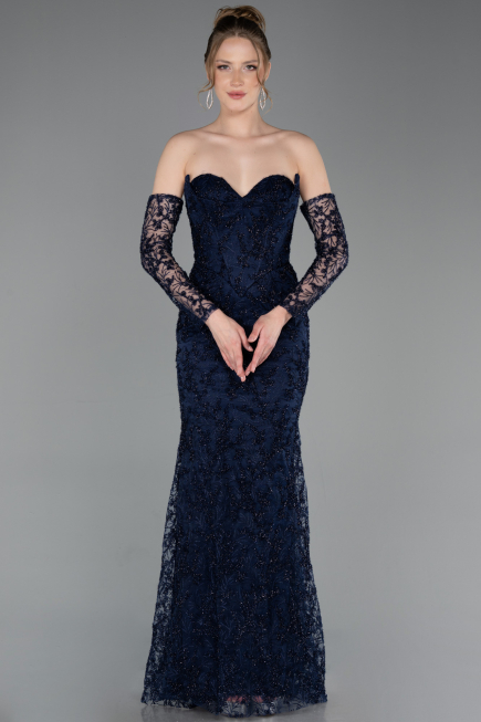 Abendkleid Lang Guipure Spitze Marineblau ABU6159