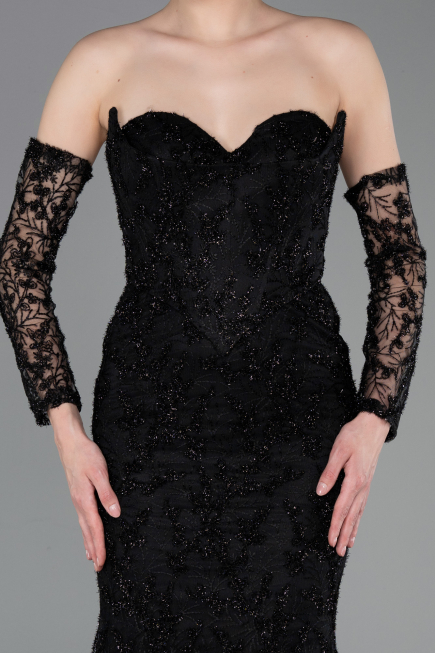 Abendkleid Lang Guipure Spitze Schwarz ABU6159