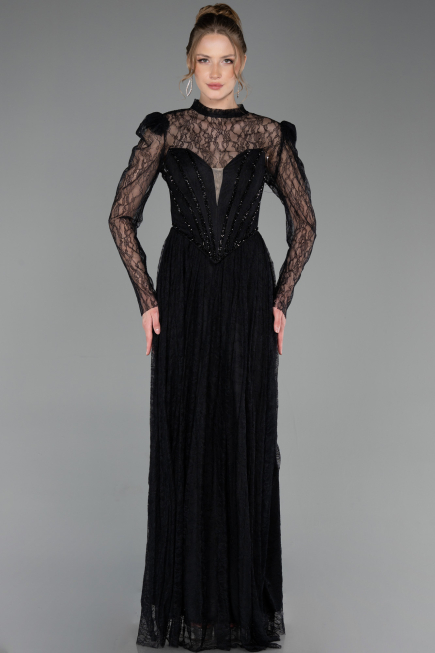 Abschlusskleid Lang Spitze Schwarz ABU6160