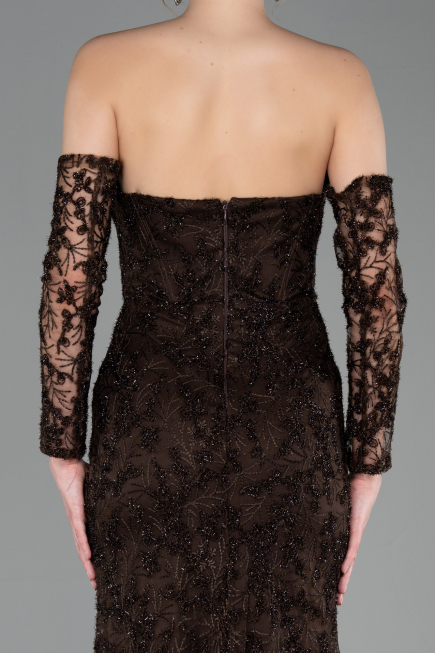Abendkleid Lang Guipure Spitze Braun ABU6159