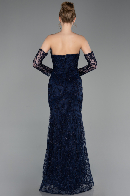 Abendkleid Lang Guipure Spitze Marineblau ABU6159