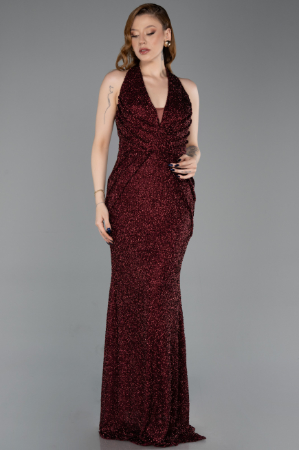 Abendkleid im Meerjungfrau-Stil Lang Perlenbesetzt Weinrot ABU6165