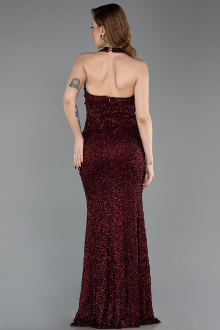 Abendkleid im Meerjungfrau-Stil Lang Perlenbesetzt Weinrot ABU6165