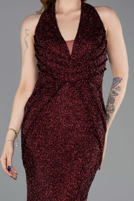 Abendkleid im Meerjungfrau-Stil Lang Perlenbesetzt Weinrot ABU6165