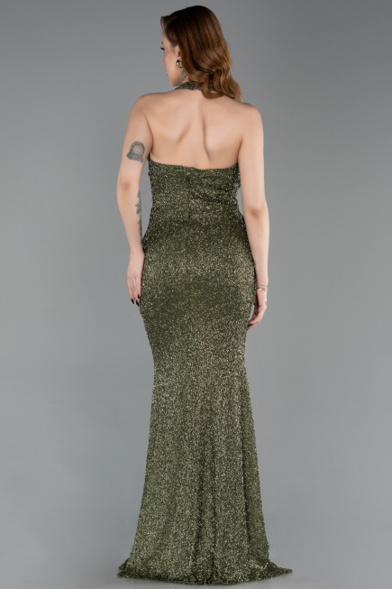 Abendkleid im Meerjungfrau-Stil Lang Perlenbesetzt Khaki ABU6165