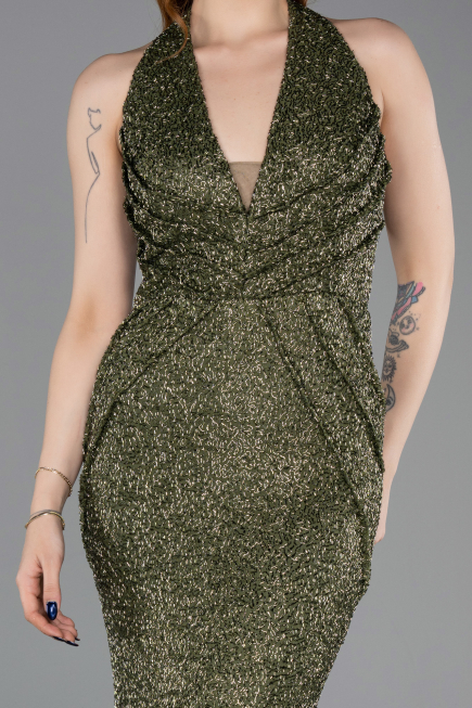 Abendkleid im Meerjungfrau-Stil Lang Perlenbesetzt Khaki ABU6165