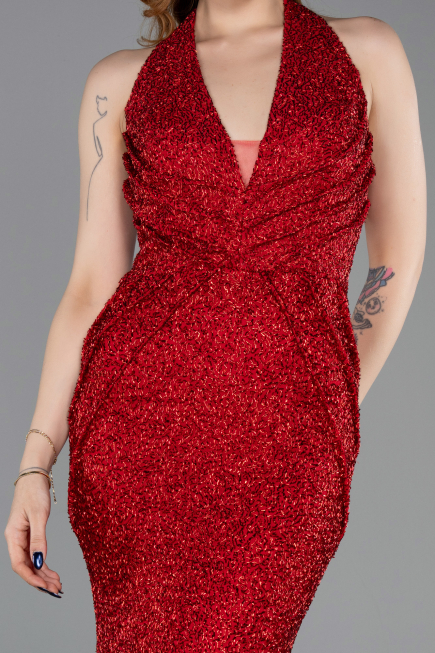 Abendkleid im Meerjungfrau-Stil Lang Perlenbesetzt Rot ABU6165