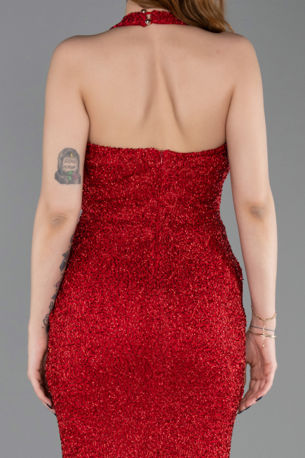Abendkleid im Meerjungfrau-Stil Lang Perlenbesetzt Rot ABU6165