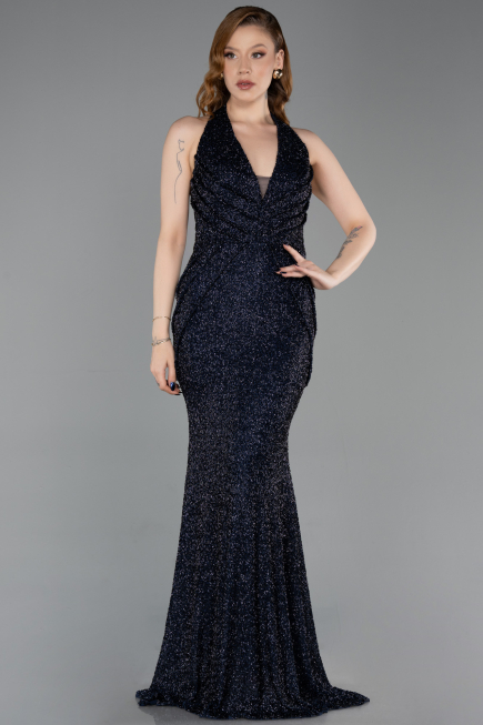 Abendkleid im Meerjungfrau-Stil Lang Perlenbesetzt Marineblau ABU6165