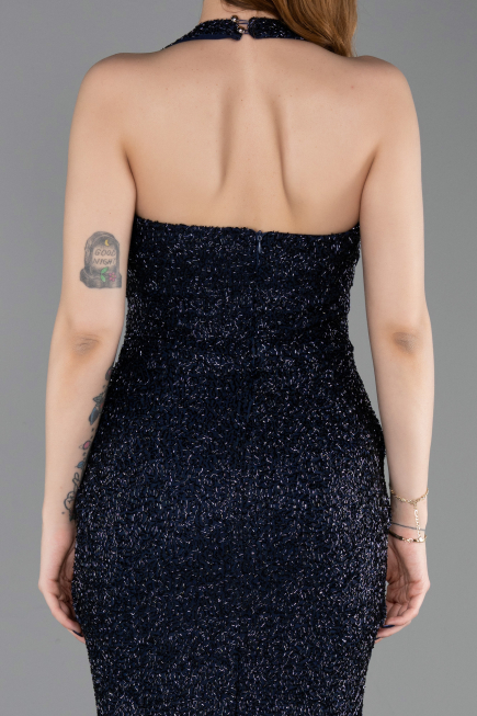 Abendkleid im Meerjungfrau-Stil Lang Perlenbesetzt Marineblau ABU6165
