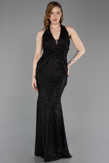 Abendkleid im Meerjungfrau-Stil Lang Perlenbesetzt Schwarz ABU6165