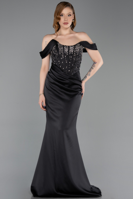 Abendkleid im Meerjungfrau-Stil Lang Satin Schwarz ABU6166