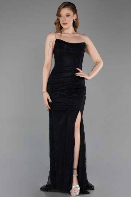Abschlusskleid Lang Spitze Schwarz ABU6172