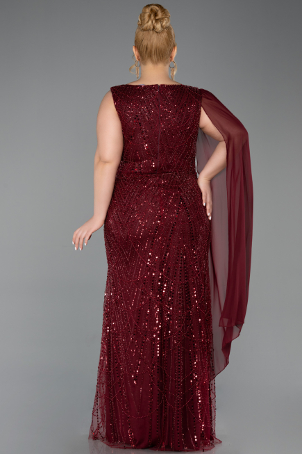 Abendkleid in Übergröße Lang Perlenbesetzt Weinrot ABU6133