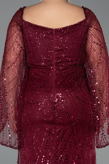 Weinrot Abendkleid İn Übergröße Perlenbesetzt Lang ABU5067