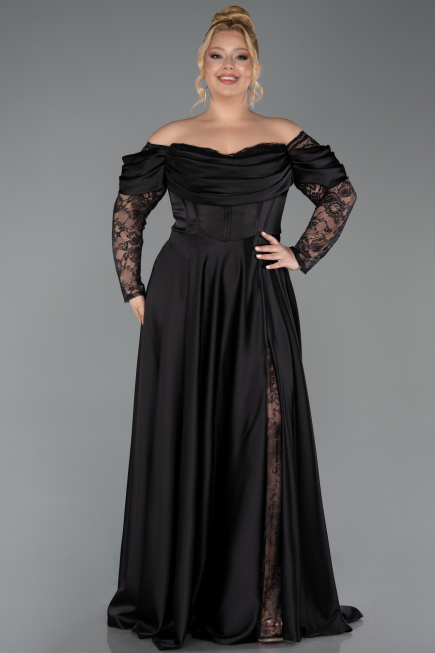 Kleider in Großen Größen Lang Satin Schwarz ABU5261