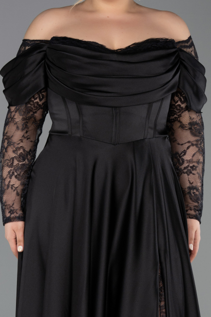 Kleider in Großen Größen Lang Satin Schwarz ABU5261