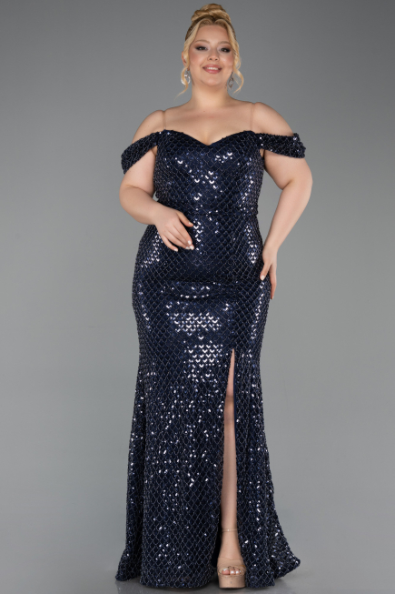 Abendkleid in Übergröße Lang Schuppig Marineblau ABU6098