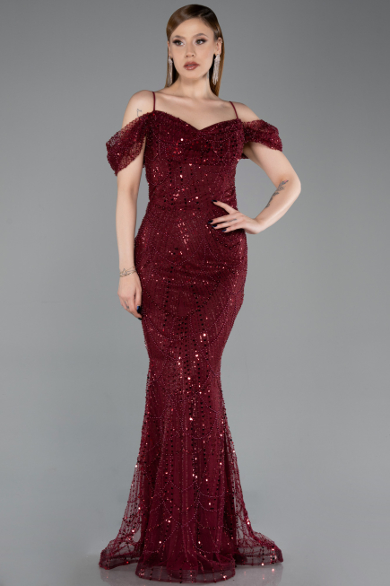 Abendkleid Lang Perlenbesetzt Weinrot ABU6190