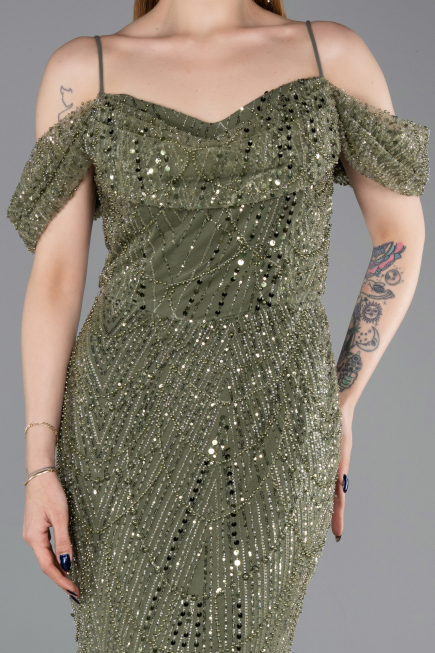 Abendkleid Lang Perlenbesetzt Khaki ABU6190