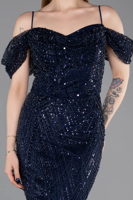 Abendkleid Lang Perlenbesetzt Marineblau ABU6190