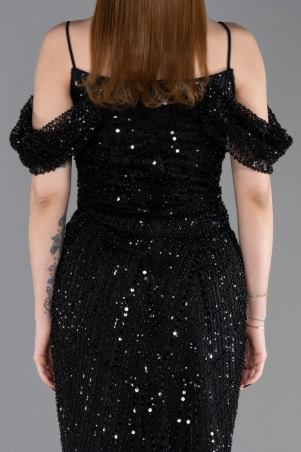 Abendkleid Lang Perlenbesetzt Schwarz ABU6190