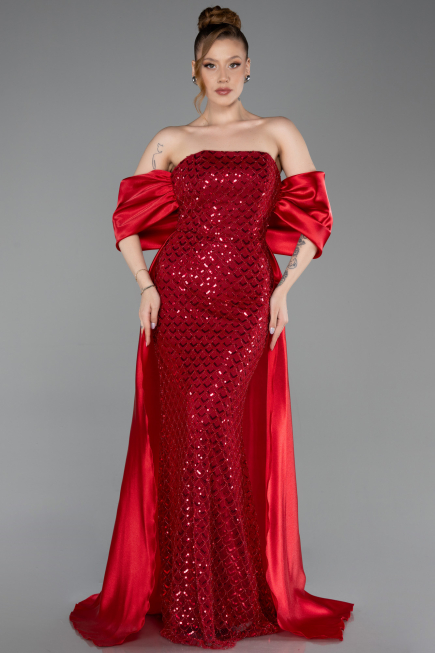 Rot Abendkleid Perlenbesetzt Lang ABU5234