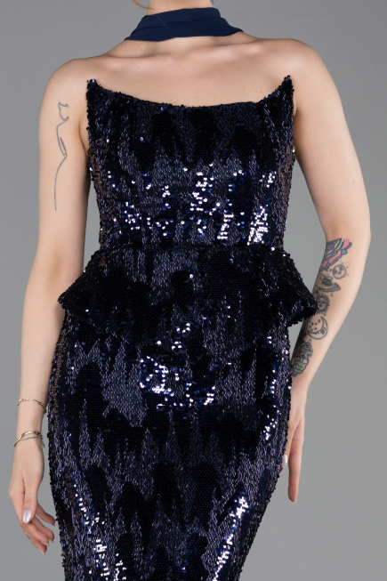Abendkleid Lang Schuppig Marineblau ABU6202