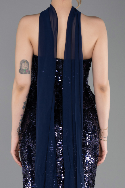 Abendkleid Lang Schuppig Marineblau ABU6202