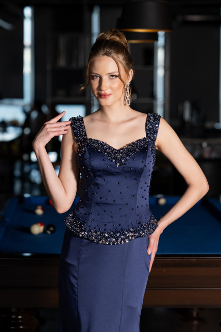 Abendkleid im Meerjungfrau-Stil Lang Satin Marineblau ABU6155