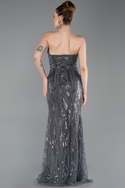 Standesamtkleid Lang Perlenbesetzt Anthrazit ABU6205