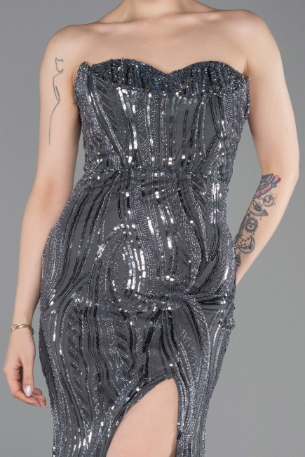 Standesamtkleid Lang Perlenbesetzt Anthrazit ABU6205