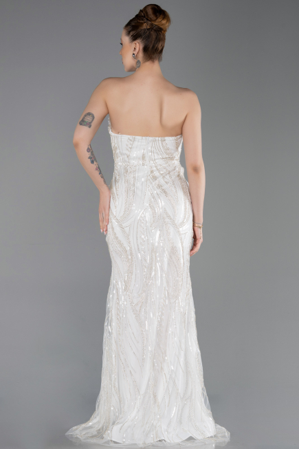 Standesamtkleid Lang Perlenbesetzt Weiß ABU6205