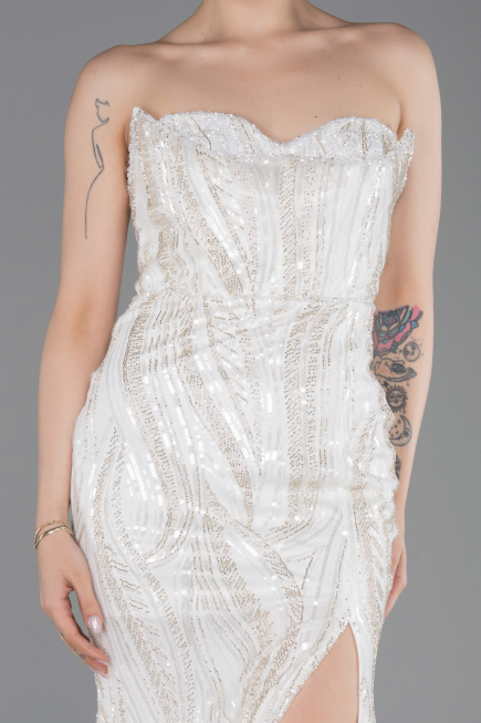 Standesamtkleid Lang Perlenbesetzt Weiß ABU6205