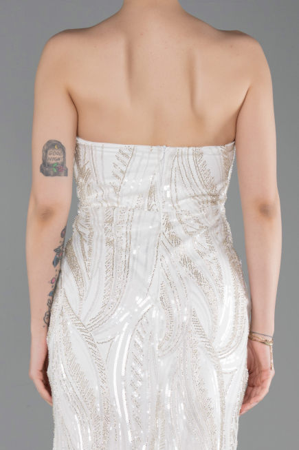 Standesamtkleid Lang Perlenbesetzt Weiß ABU6205