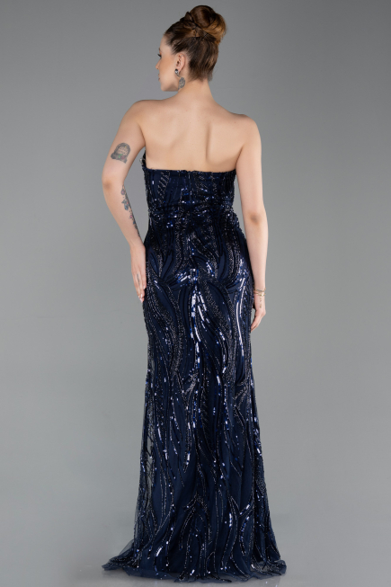 Standesamtkleid Lang Perlenbesetzt Marineblau ABU6205