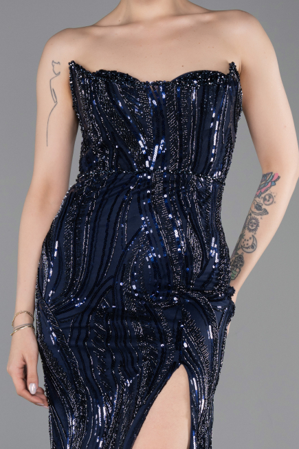 Standesamtkleid Lang Perlenbesetzt Marineblau ABU6205