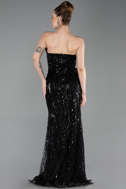 Standesamtkleid Lang Perlenbesetzt Schwarz ABU6205